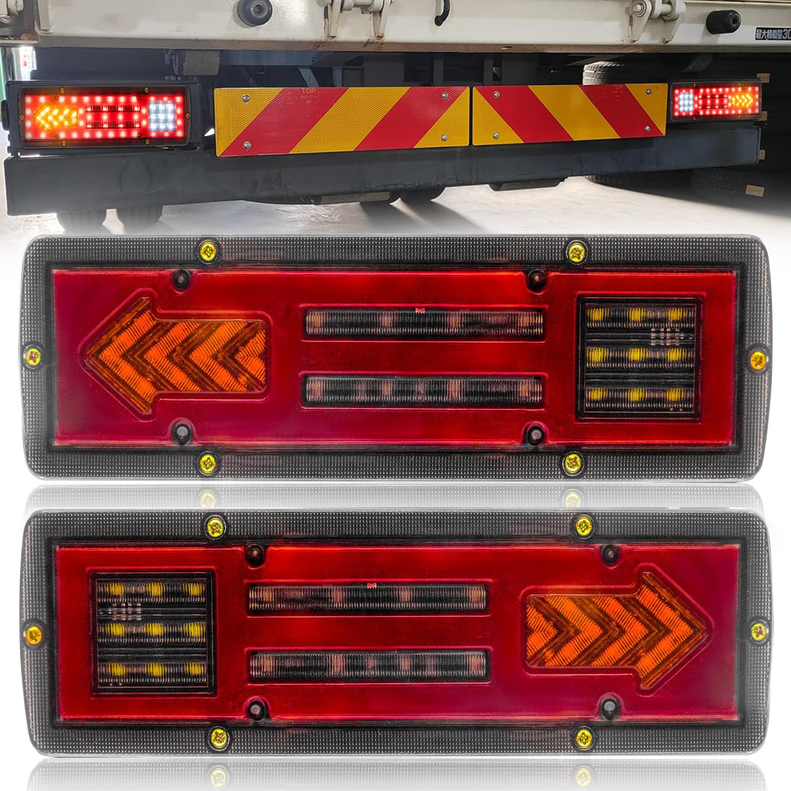 

Truck Tail 24V Red White Up Yellow High Trailer Tail Large Arrow Set of 2 X-STYLE Lights, LED, 3-Color, (DRL/Brake Light), (Back Light), (Turn