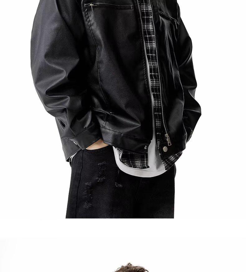 Men's Retro High-End Leather Motorcycle Jacket with Stand Collar - Loose Fit, Plus Size, Fashionable Casual Outerwear.
