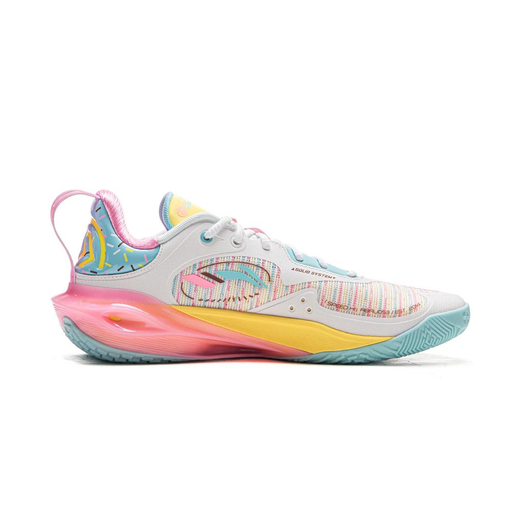 Li Ning Flash 11 Professionelle Wettkampf-Basketballschuhe für Herren, Low-Top, mit TPU-Stoßdämpfung, verschleißfest, Weiß/Pink/Blau, ABAU053-71