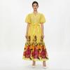 French Vintage Flower Maxi Dress Women Puff Sleeve V-Neck Elegant Floral Print High Waist Sashes A-Line Summer Beach Long Maxi Dresses