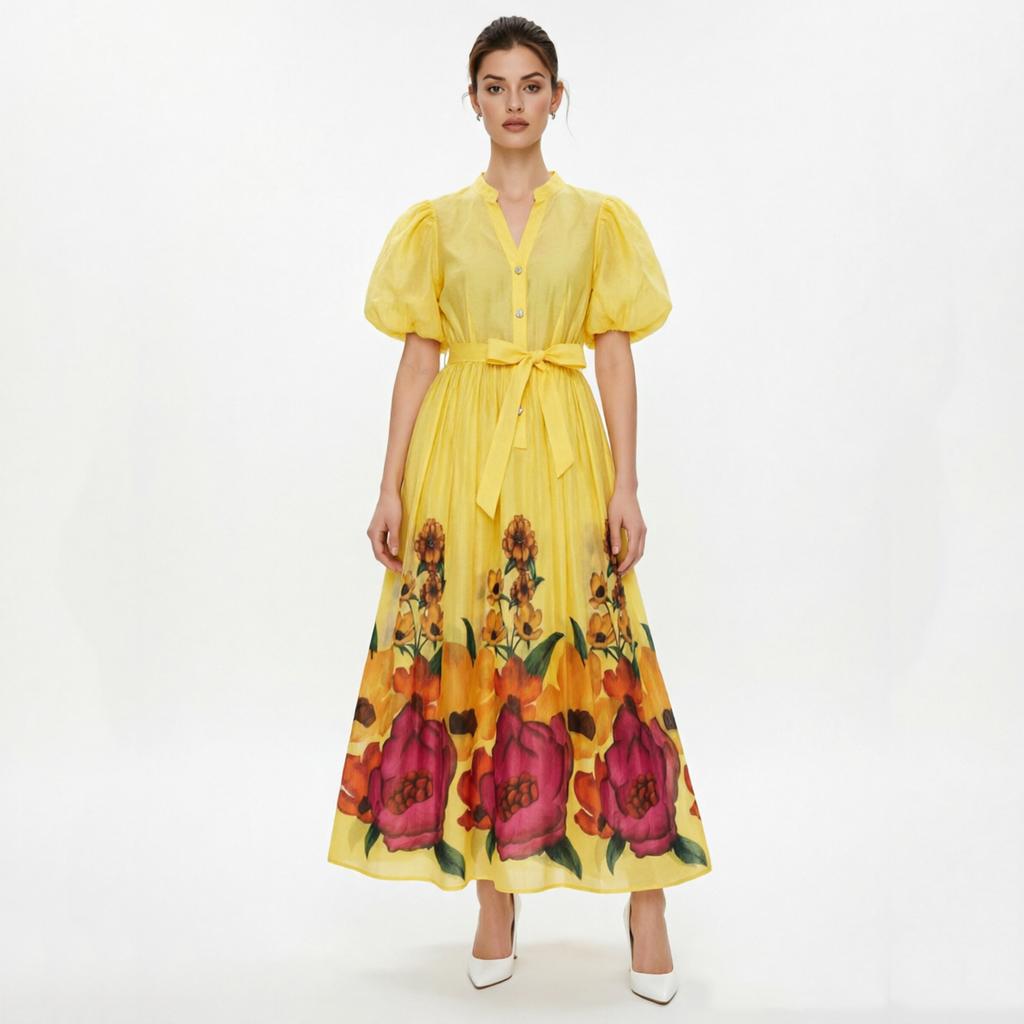 French Vintage Flower Maxi Dress Women Puff Sleeve V-Neck Elegant Floral Print High Waist Sashes A-Line Summer Beach Long Maxi Dresses