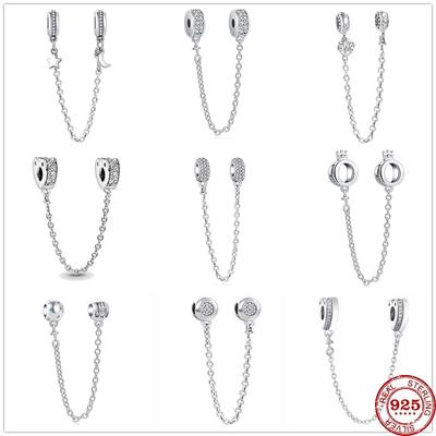 New S925 Silver Sparkling Sparkle Star Moon Safety Chain Charm Bead Fit Original Bracelet DIY Jewelry For Women
