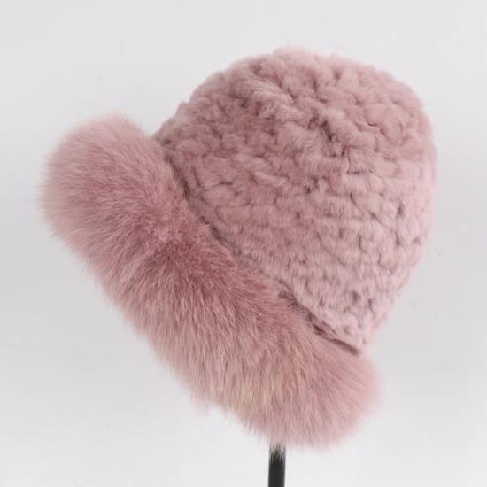 Women Luxury Winter Hat Real Rex Rabbit Fur Bomber Hats Lady Winter Genuine Fox Fur Cap Beanies Warm Soft Fluffy Natural Fur Hat