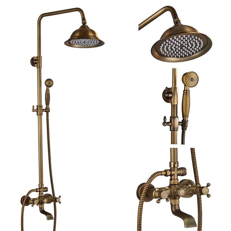 Antique Brass Shower Faucet Mixers Dual Handle Rainfall 8" Brass Shower Head with Bath Storage Shelf and Hooks Shower Water Tap