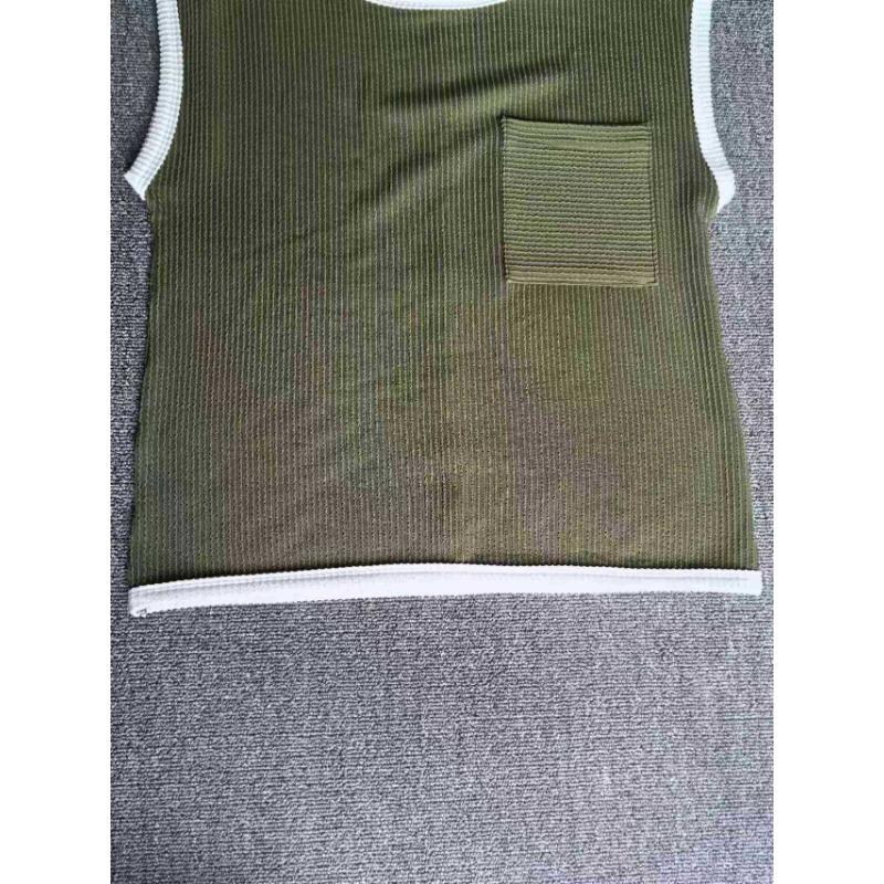 Womens Solid Ribbed Knit Contrast Trim Pocket Short Sleeve T Shirt