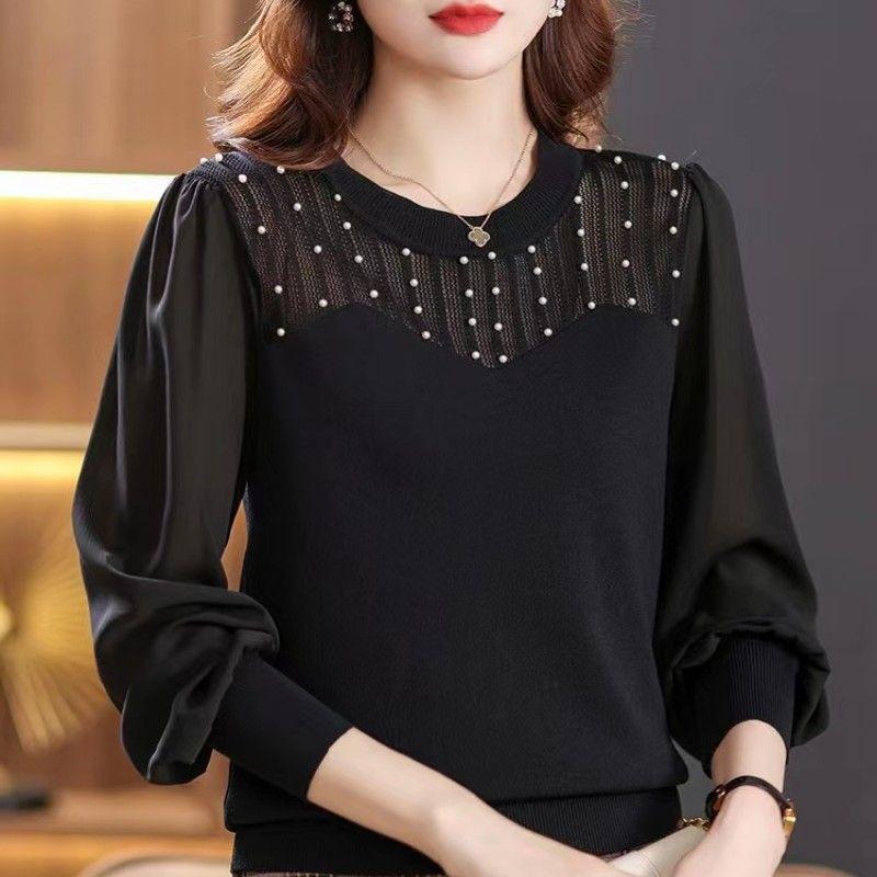 Pullover Spring and Summer Women 2023 New Chiffon Spliced Knitwear Women Loose and High Grade Long Sleeve Pullover Female Top