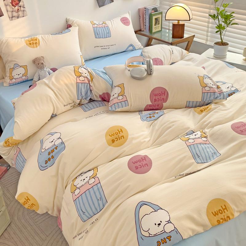 Small Fresh Mattress Quilt Cover Class A Maternal And Infant Grade Cartoon Dormitory Bed Sheet Three-Piece Set Super Soft Washed Cotton 4Pcs Set