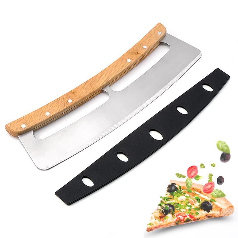 Stainless Steel Pizza Slicer Wheel Kitchen Pizza Cutter Rocker with Wooden Handle & Protective Cover