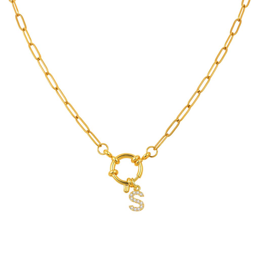 Stainless Steel Plated 18K Gold Stylish Simple Small Square Chain Bubble Buckle Copper 26 Letter Necklace Nc-1887