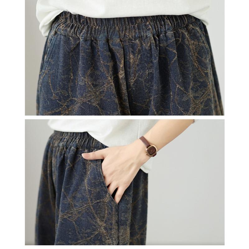 DIMANAF 2026 Herbst Winter Neu Übergröße Damen Jeans Lange Hosen Elastische Taille Geblümt Locker Lässig Denim Baumwolle Dick Vintage Damen Hosen