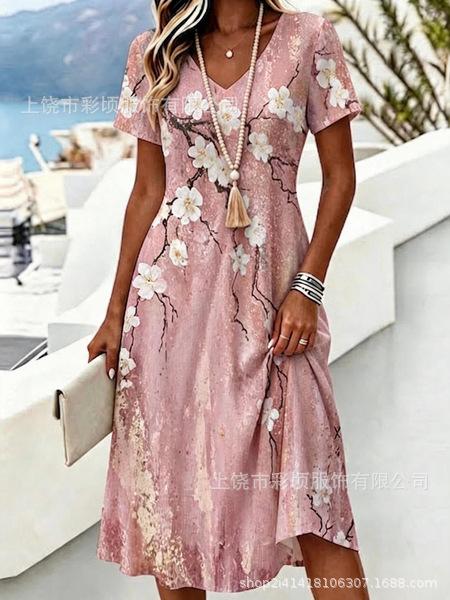 New digital printing, short-sleeved V-neck slim skirt dress creative shading skirt no
