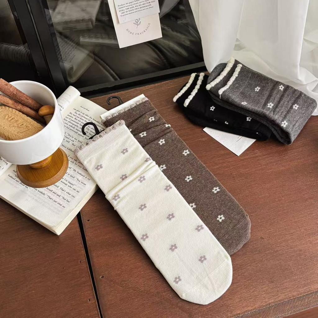 Floral Socks Women'S Medium Tube Socks Spring And Autumn Cotton Socks Tide Contrasting Lace Stockings Stacking Socks