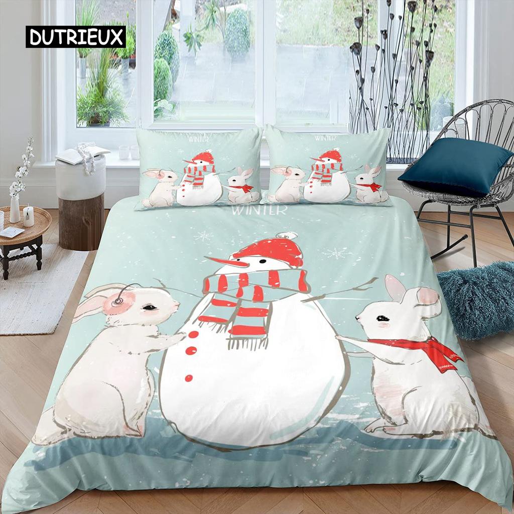 Schneemann Bettbezug Set Kinder Mädchen Weihnachten Bettdeckenbezug Winter Schnee Bettwäsche Set Neujahr Cartoon Stil Polyester Steppdeckenbezug