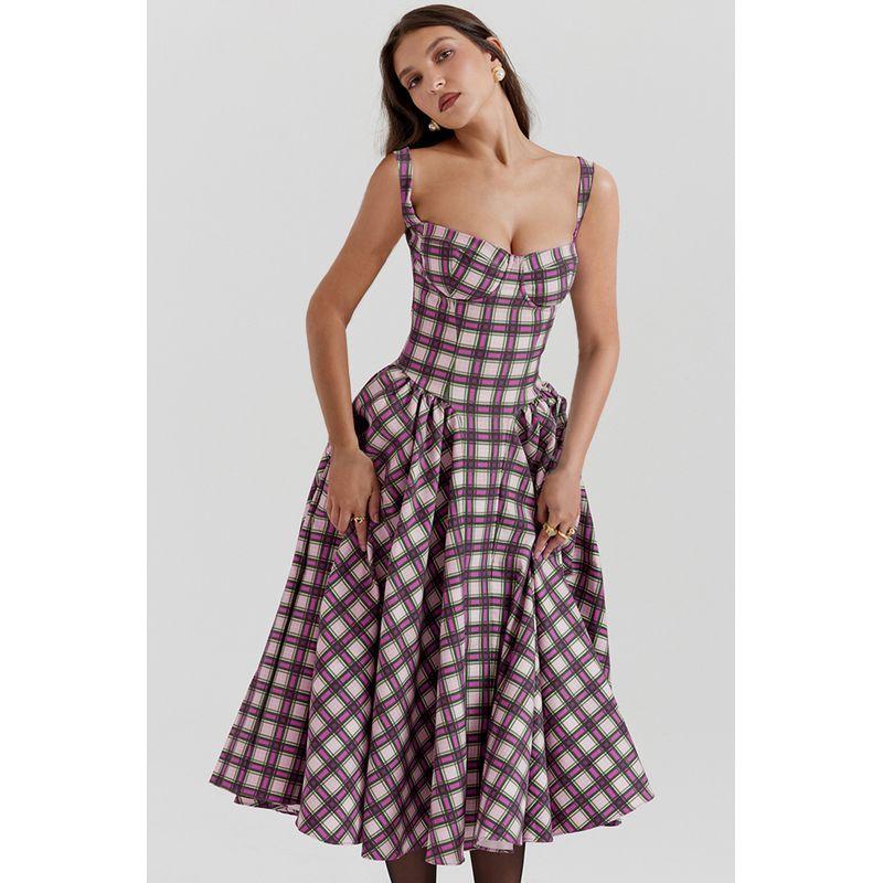 

Summer Amazon New French style Retro Palace Style Dopamine Wear Sling Multicolor Plaid Big Hemline Dress 25169 rose red check XL