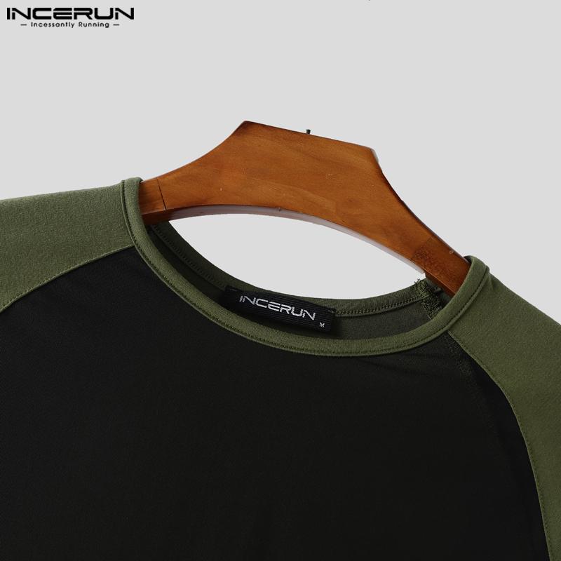 INCERUN Herren Rundhals Kurzarm Mesh Transparent Patchwork Figurbetont Cropped T-Shirts