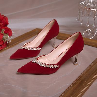 Fashion Women's Fashion Slim Heel Shoes Fall New Pointy Head Shallow Mouth Rhinodrill A Slip-on Temperament High Heel Wedding Shoes