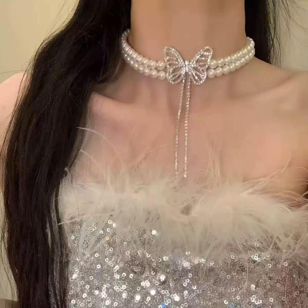 Glänzende Diamant-Schmetterling-Perlenkette: Damen Retro Würziges Mädchen Luxus Schlüsselbein Kette