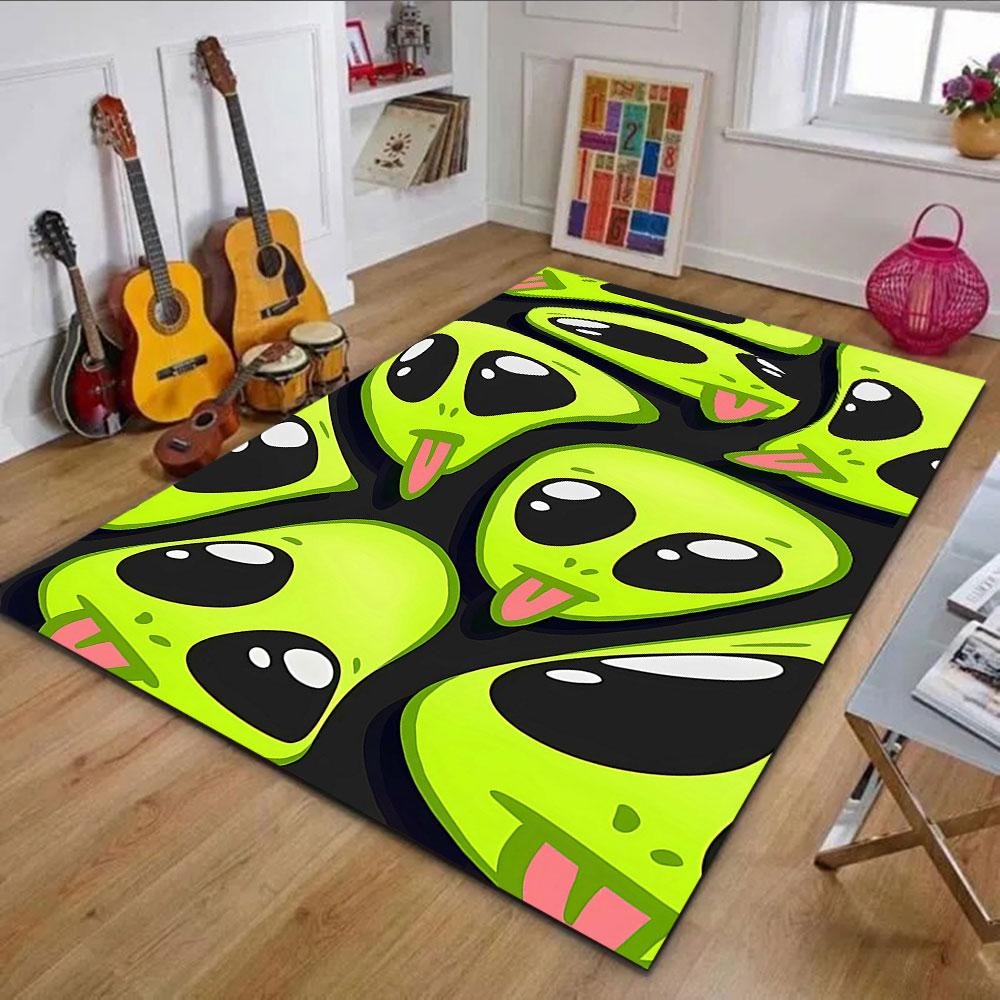 Playful Green Alien Faces Pattern Patterned carpet, non slip mat suitable for living room and bedroom sofas