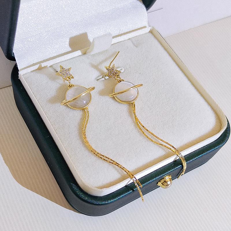 Personality Tide 111 Silver Needle Space Planet Earrings, Temperament Cat's Eye Round Ball Long Fringed Earrings Earrings