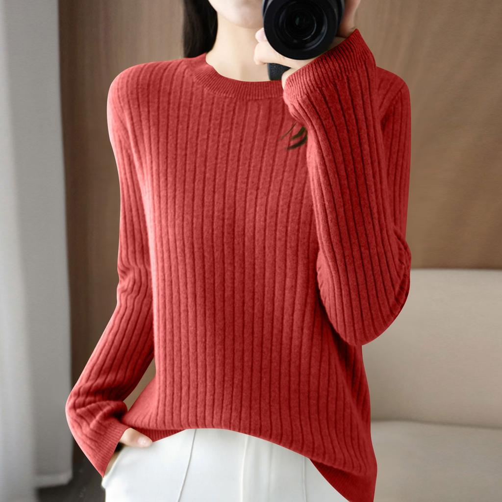 Damenmode Locker Gestrickter Pullover Unterhemd Rundhals Pullover Langarm Einfarbiges Oberteil