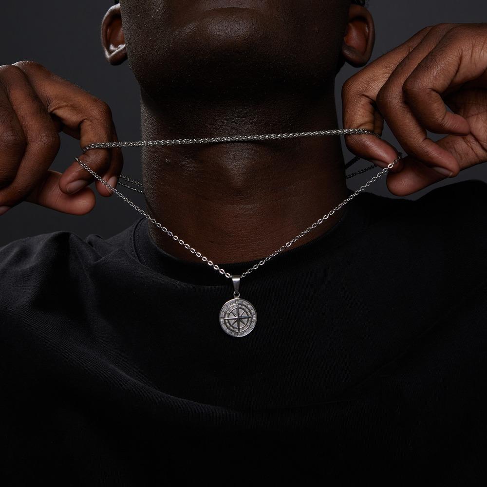 Vintage Compass Pendant Stainless Steel Cuban Style Choker Clavicle Chain Man Necklace Wheat Chain