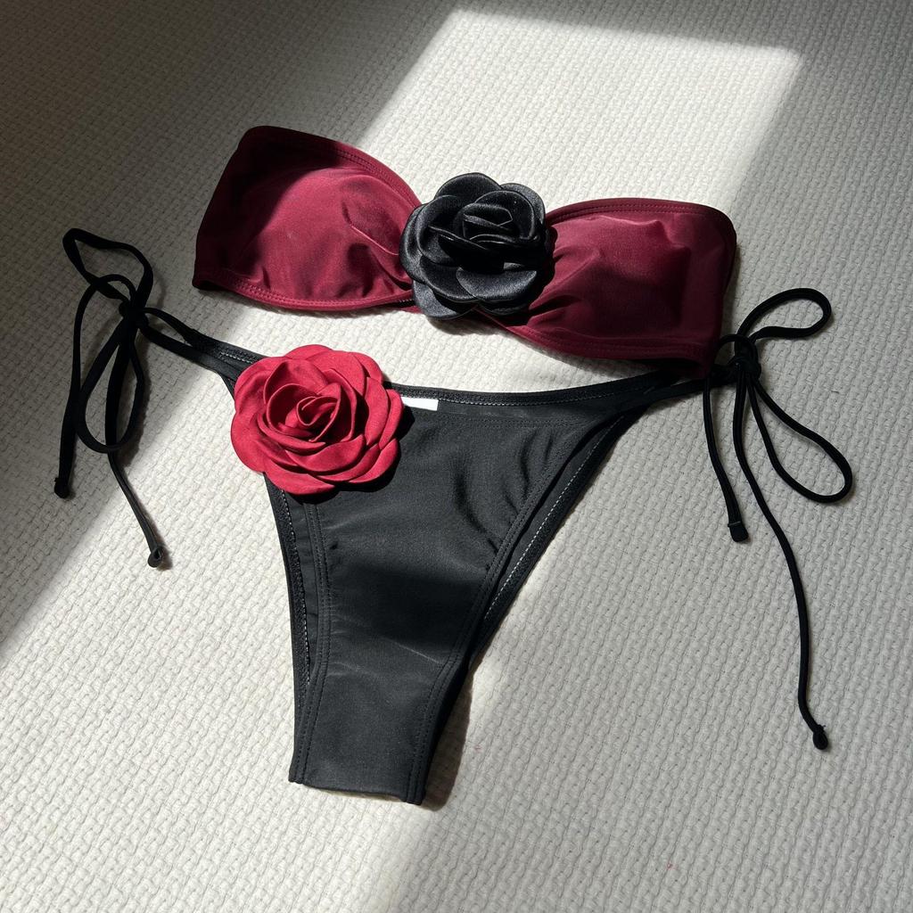 Rose Tie-Dye Color Block Two-Piece Swimsuit with Drawstring Lace-Up Bikini, European and American Style, Strapless Design 
