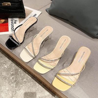 2025 Summer Pvc Transparent Sandals Women's Sexy Square Head Thick Heels High Heels Wear Cool Slippers PVC Transparent