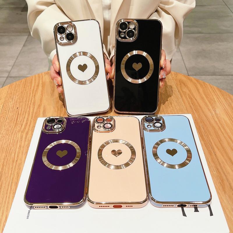 Custodia di lusso Magsafe Magnetica Placcata con Cuore d'Amore per iPhone 11 12 13 14 15 16 Pro Max X XR XS Plus Cover per Ricarica Wireless
