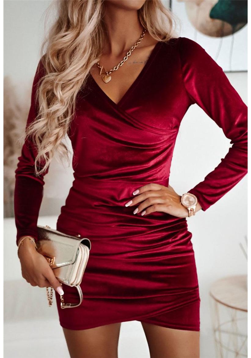 

2024 European-American Autumn/Winter Pleated Solid Color Sexy Commute Women s Dress L красный