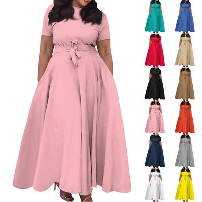 Women's Casual Fashion Large Size Solid Color Round Neck Short Sleeve Pocket Straps Swing Dress