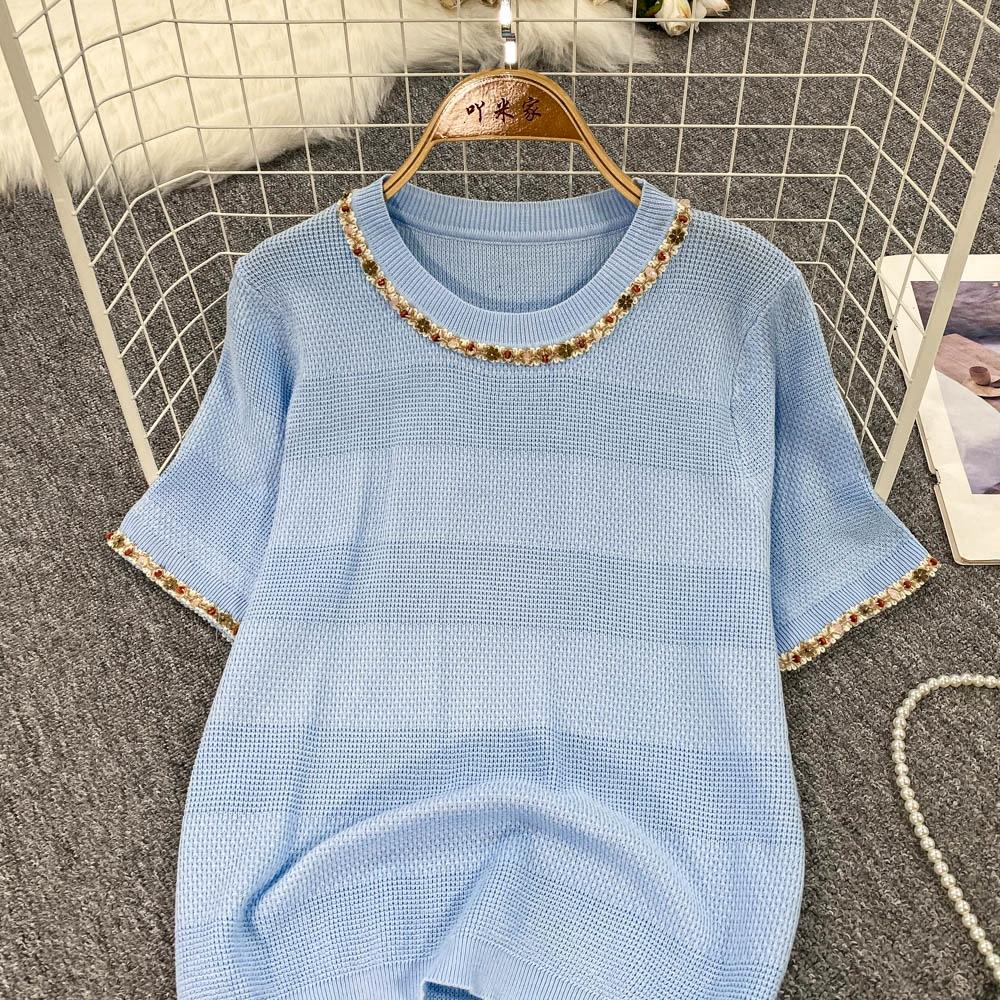 Summer Women O-neck Short Sleeve Sequined Knitted Sweater Pullover Tops