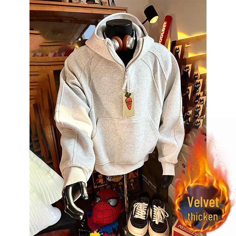 Herren Trendy Herbst Schwere Kapuzenjacke mit Stehkragen und halbem Reißverschluss mit Samtfutter