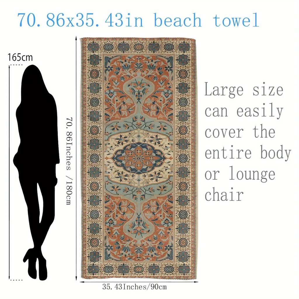 1pc Large Bohemian Moroccan-Inspired Beach Towel & Chair Cover - Turquoise Blue, Burnt Orange,White - Super-Fine Microfiber,