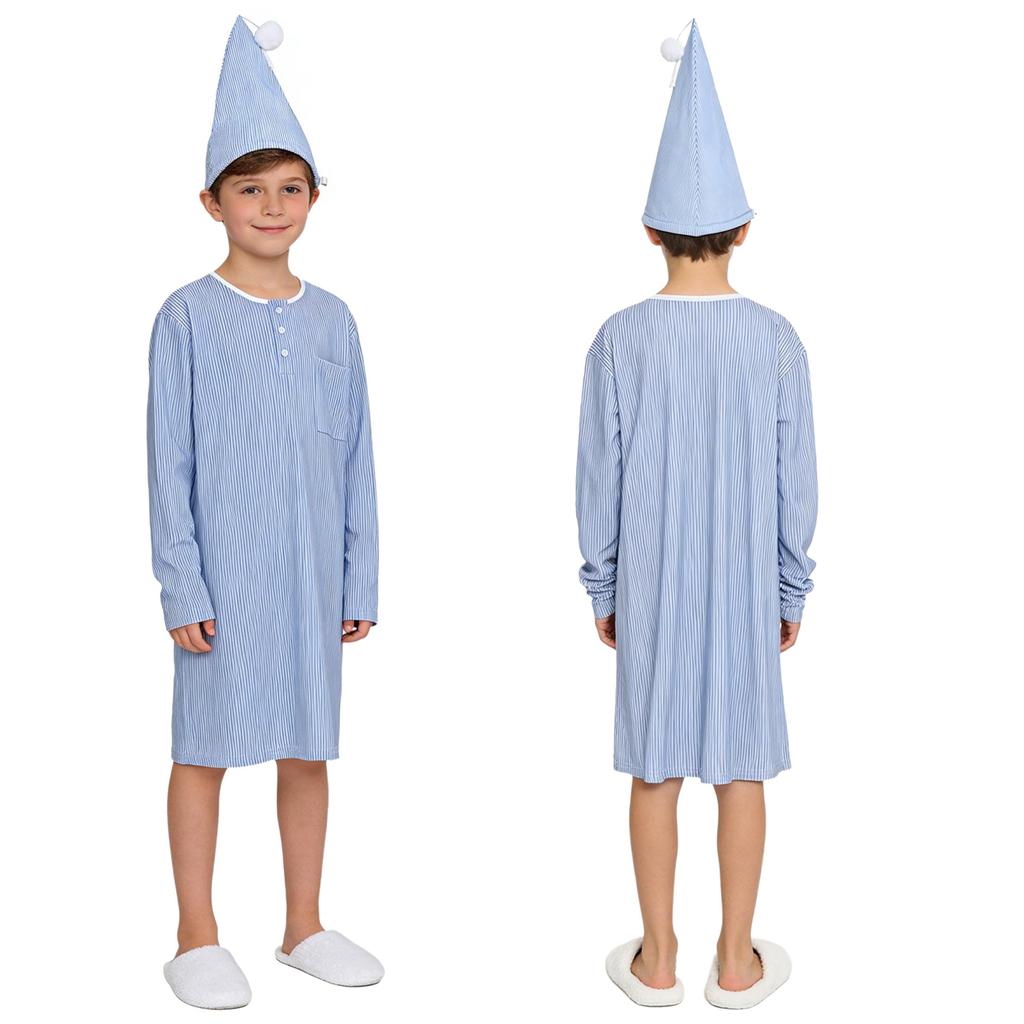 Boys Striped Soft Pajama Set Long Sleeve Loose Sleep Robe Nightgown with Adjustable Sleeping Cap Homewear for Christmas Xmas