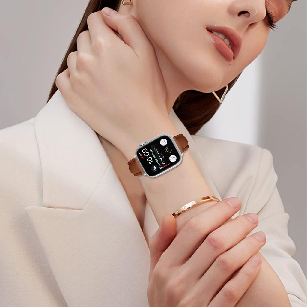 Watch Band For Apple Watch Series 10 9 8 7 SE 6 5 4 3 2 1 42mm 41mm 40mm 38mm Slim Genuine Cow Leather Strap with Silver Buckle