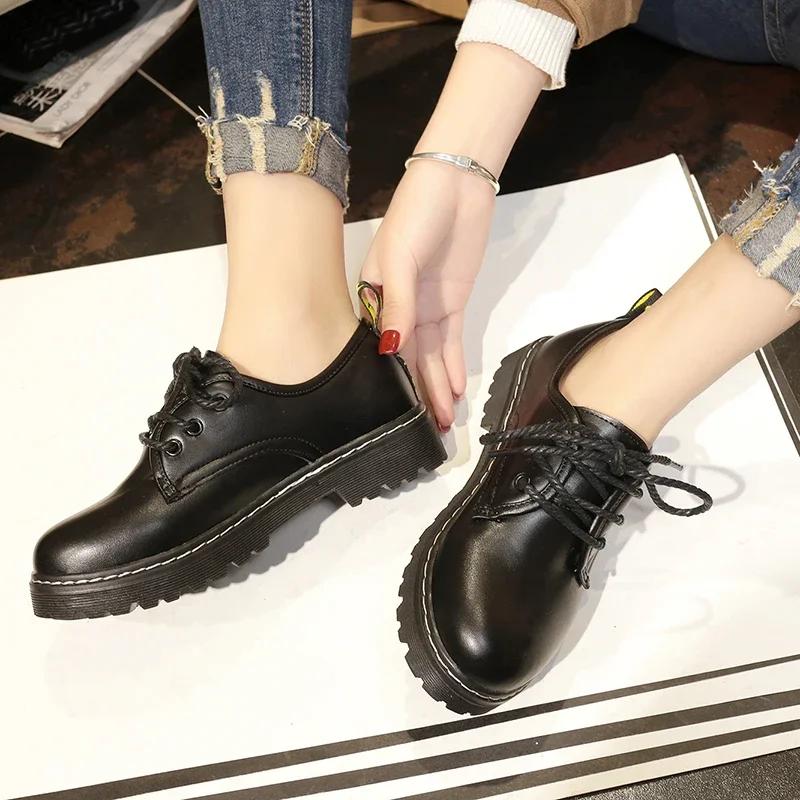 Black Classics Leather Platform Loafers Woman British Style Thick Heels Oxfords Shoes Women College Gothic Shoes Mujer