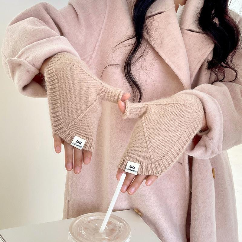 DX Winter Shell Half Knitted Gloves Female Cute Winter Dew Finger Half Finger Gloves Student Wool Warm Gloves Wholesale