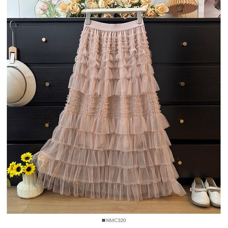 Elegant French Ruffled Multi-layered A-line Fluffy High-waisted Pleated Skirt for Women - Autumn 2025 Collection