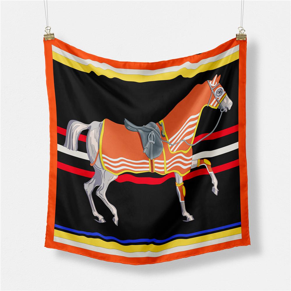 Twill Silk Scarf Woman Horse Painting Square Scarves Wraps Bandana Small Hijab Silk Foulards Tie Headband Neckerchief 53CM