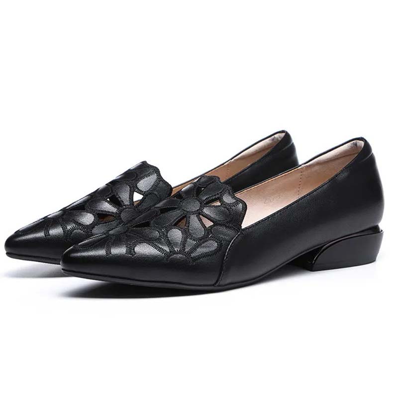 Soft Leather Carved Hollow Women's Leather Shoes Moccasin Work Shoes Cusp Thick Heel Soft Sole Sandals Comfortable Fashion Spring Summer