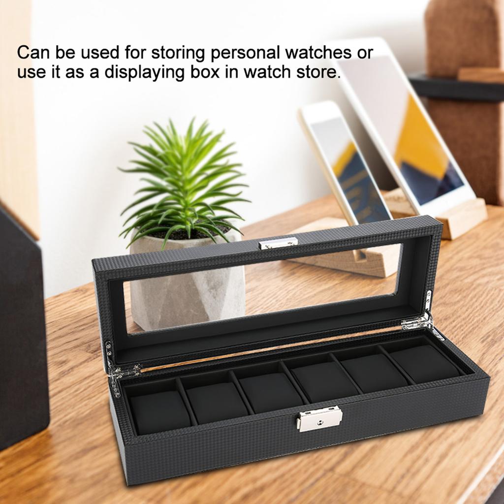 Watch Gift Box, 6 Grid PU Carbon   Lther Watch Case Watch Box