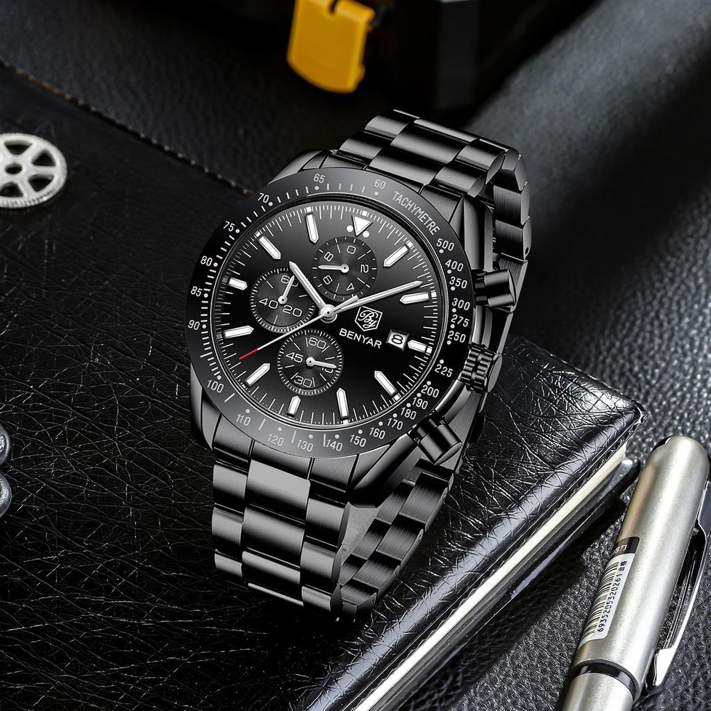 Benyar Men's Chronograph Watch 30M Water Resistant Formal Leather Band Silver Black Quartz Stylish Gift