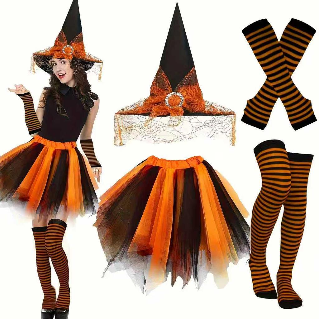 Halloween Party Festive Witch Hat Striped Stockings Trouser Set Hat Set