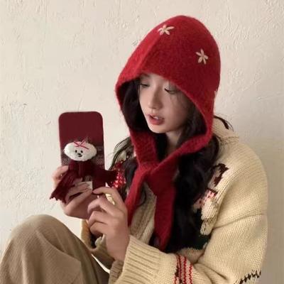 Sweet Knitted Balaclava Hat Embroidered Flowers Keep Warm Neck Collar Beanies Cap Neck Protector Polyester Pullover Cap Girls