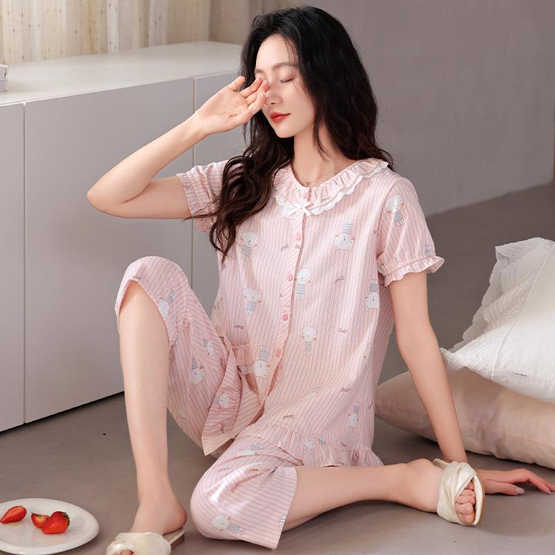 

New pajamas women s summer cotton short-sleeved cropped pants summer thin cotton loungewear two-piece set m suggest 40-50kg