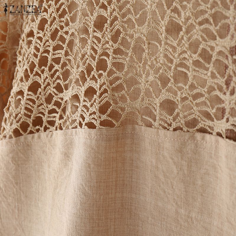 ZANZEA Women Hollow Lace Splice Round Neck Casual 3/4 Sleeve Blouse