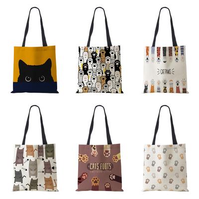 Katze Cartoon Umhängetasche Wiederverwendbare Shopper Kawaii Canvas Einkaufstasche Frauen Haajuku Hohe Kapazität Casual Klapp Handtasche