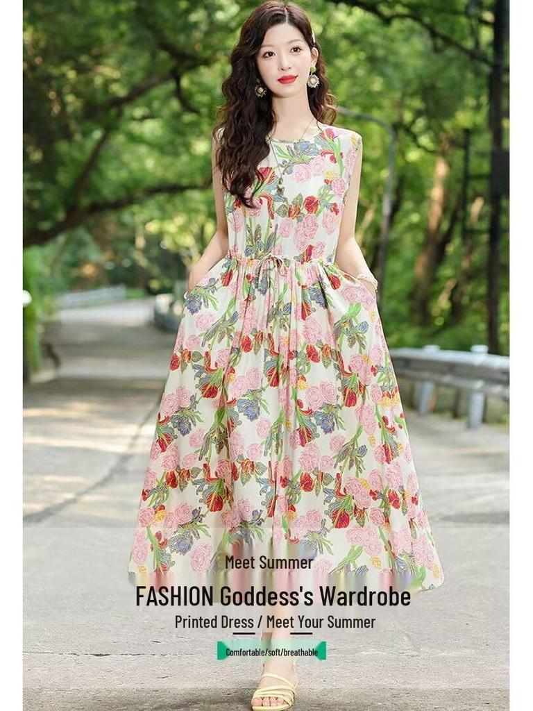 New Summer Floral Cotton-Silk Sleeveless Dress - Plus Size, Loose Fit, Slimming, Vacation Style Mom’s Long Dress