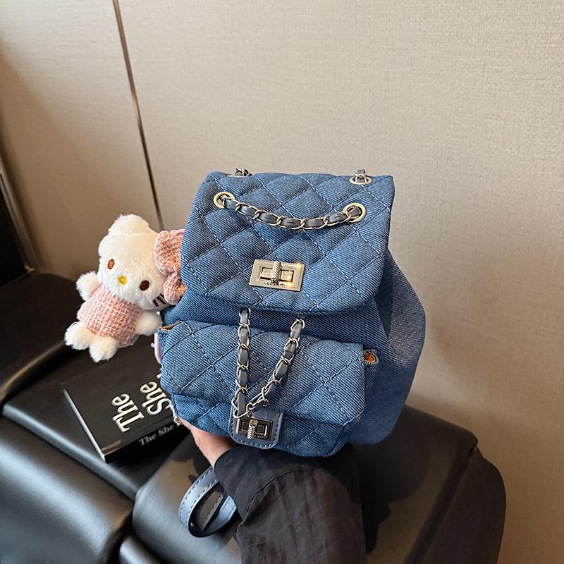 Denim rhombus backpack women's summer new fashion chain small bucket bag