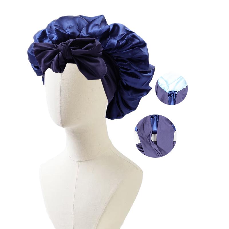 Satin Nightcap with Ribbon Bowknot, Double-Sided Silk Hair Cap, Leopard Print